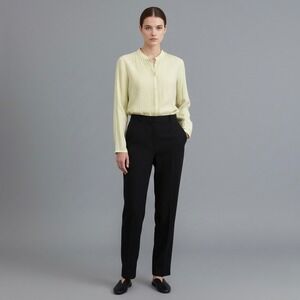 Eileen Fisher Silk Linen Band Collar Button Up Shirt Pale Yellow Size XS